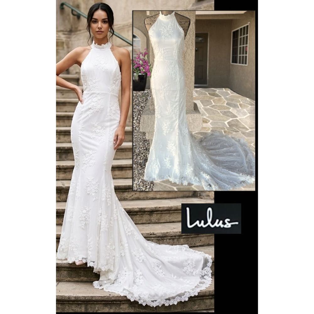 Lulus Mesh Floral Embroidered Applique Halter Mermaid Dreamy Wedding Dress L